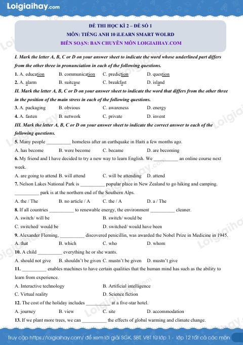 Đề thi học kì 2 Tiếng Anh 10 iLearn Smart Wolrd - Đề số 1